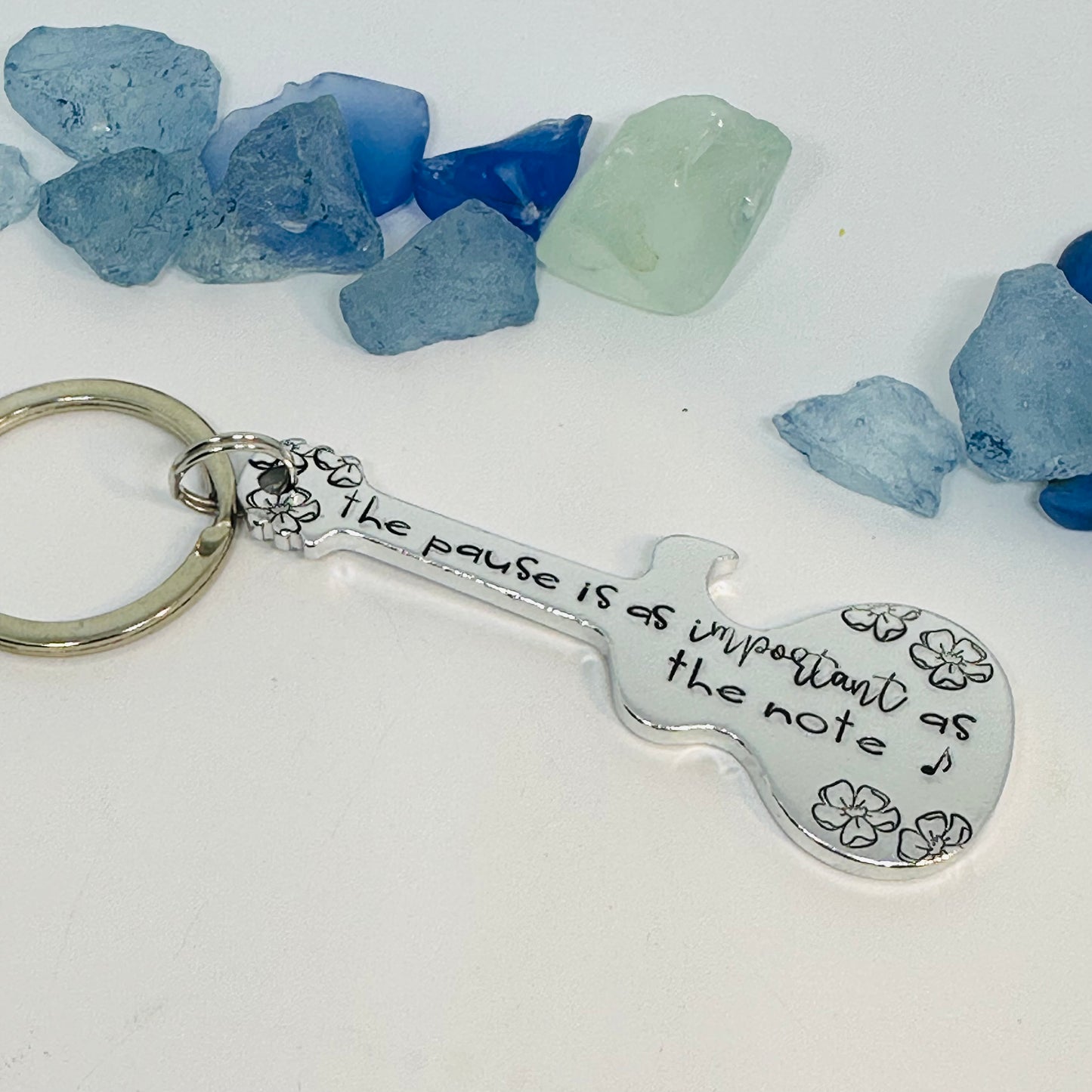 Guitar Shaped Hand Stamped Key Ring | Music Quote | The Pause is as Important as the Note | Truman Fisher | Musician Gift | Fit into Lyrics