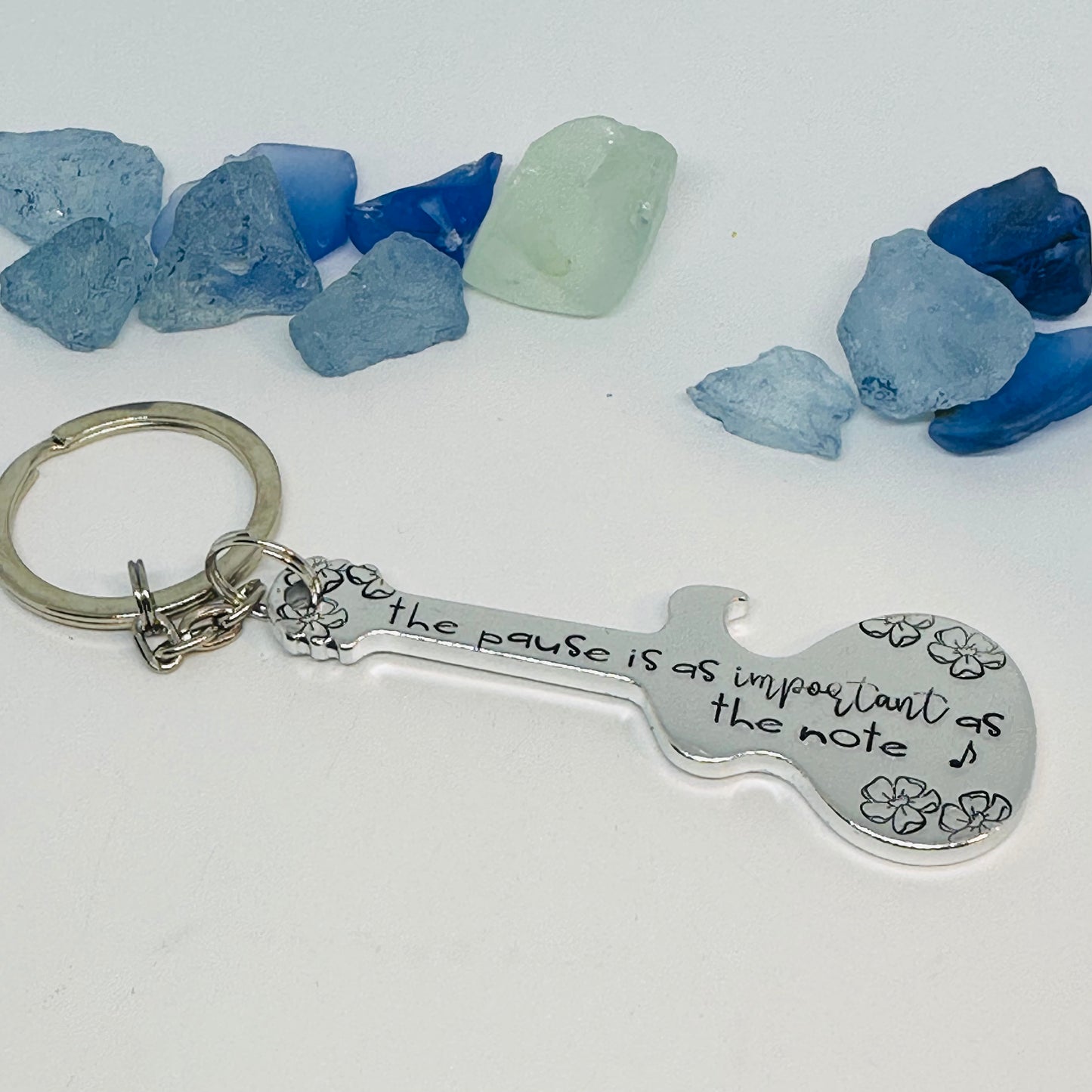 Guitar Shaped Hand Stamped Key Ring | Music Quote | The Pause is as Important as the Note | Truman Fisher | Musician Gift | Fit into Lyrics