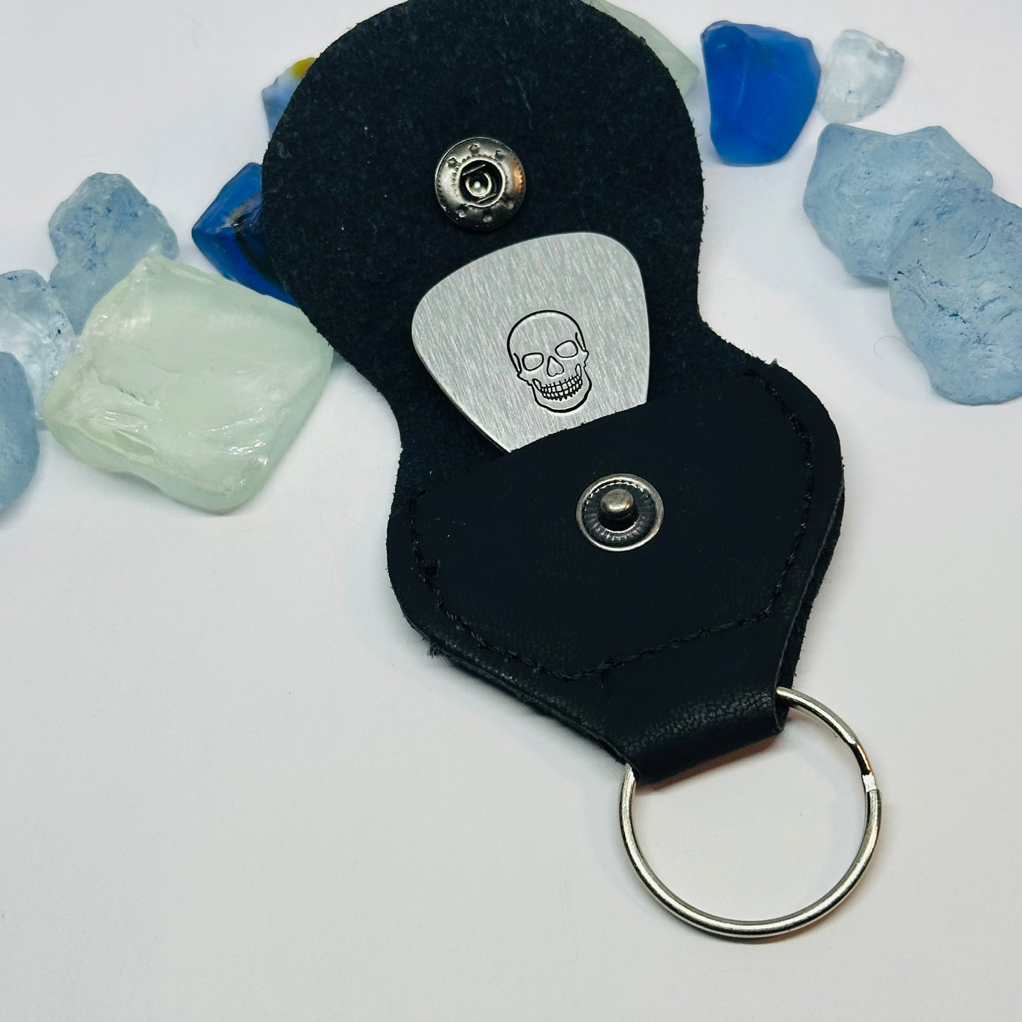 Hand Stamped Metal Guitar Pick with Keyring Case | Musician Gift