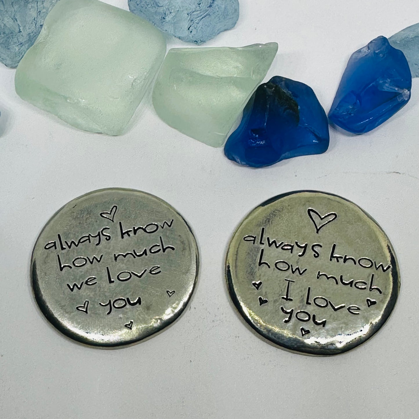 Always Know How Much I/We Love You - Hand Stamped Pewter Pocket Stone | Hug | Token | Pebble