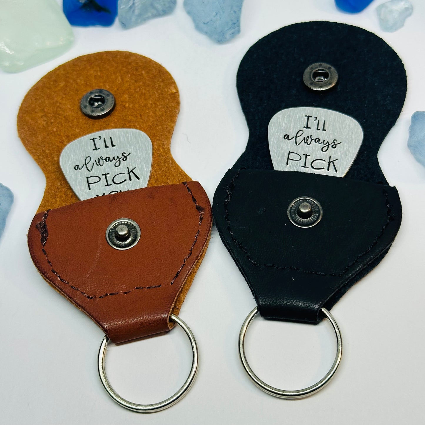 Hand Stamped Metal Guitar Pick with Keyring Case | Musician Gift