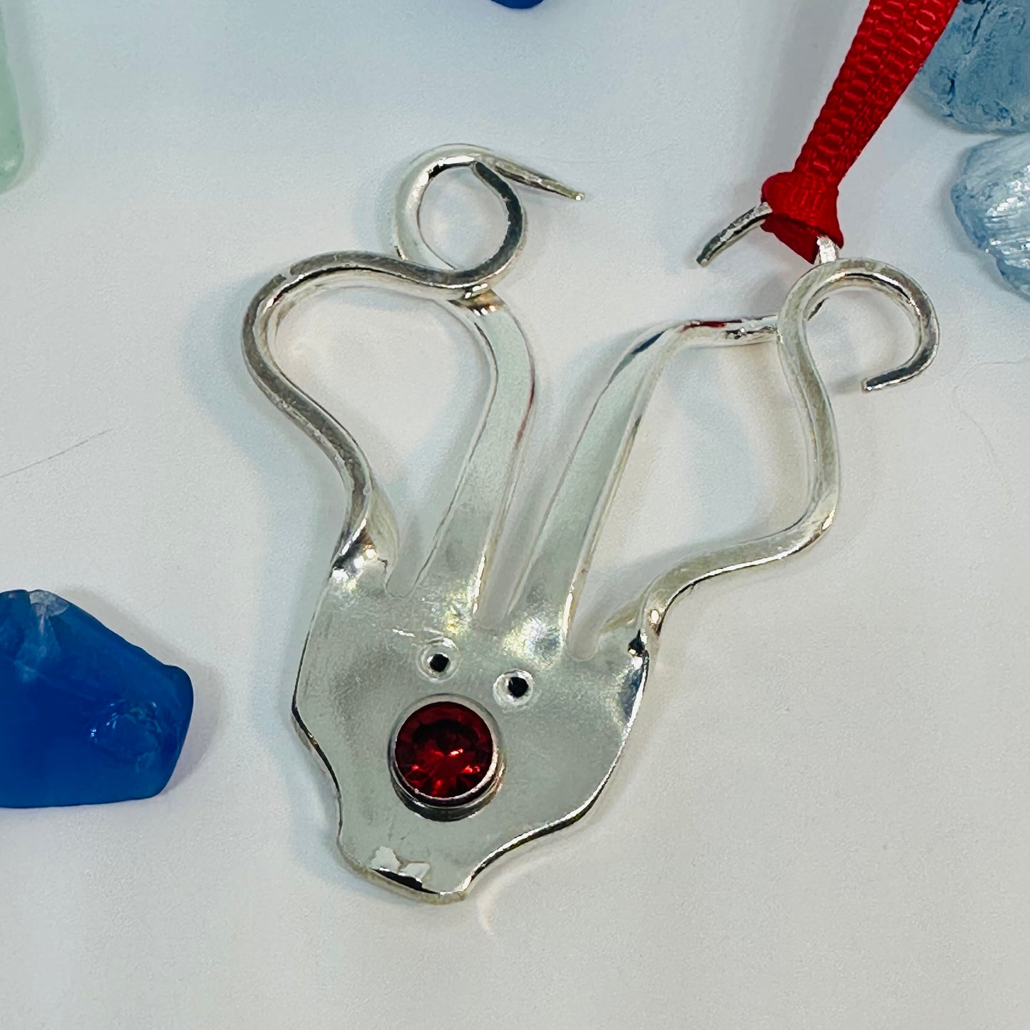 Rudolph Vintage Silverware Reindeer Ornament with Red Crystal Nose