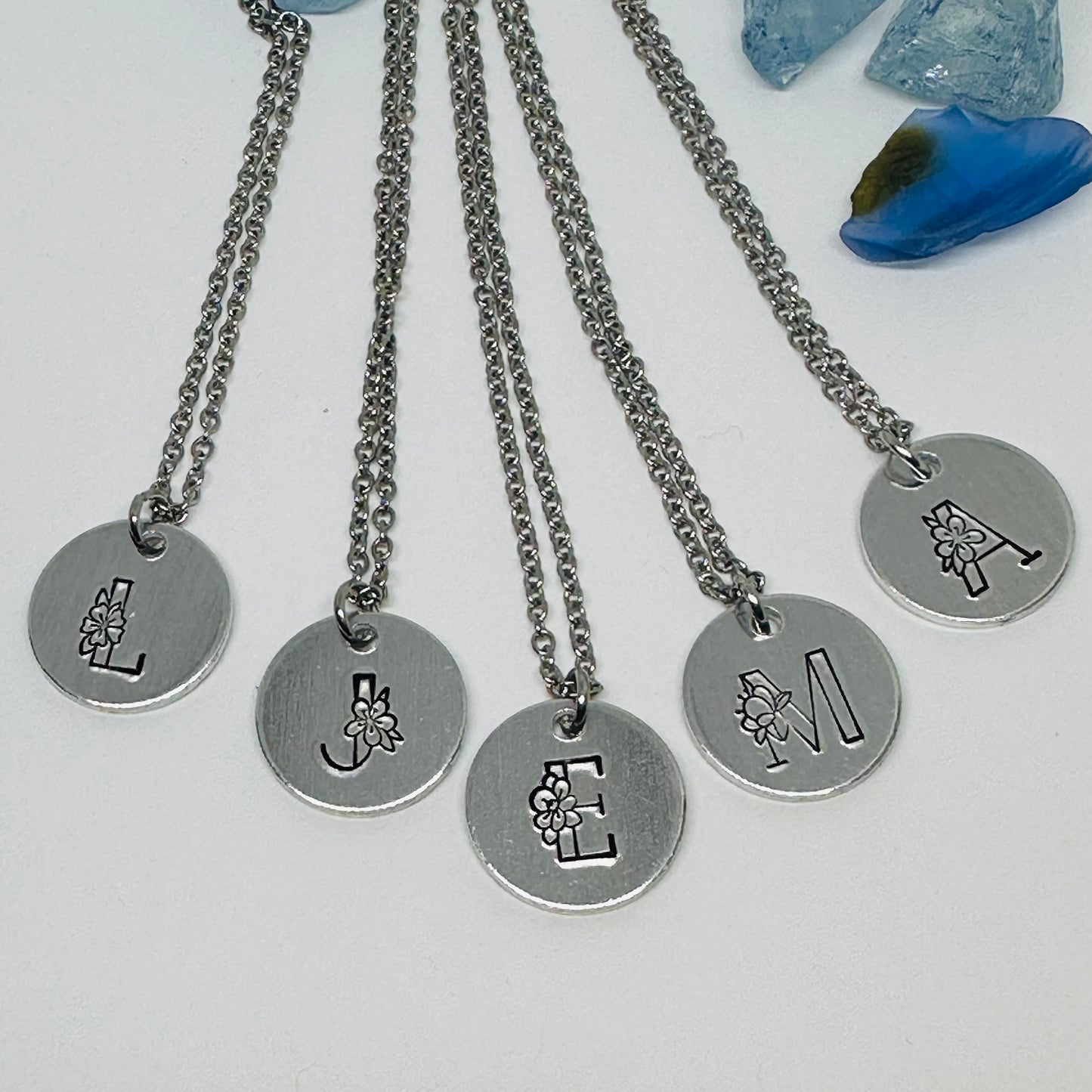 Floral Initial(s) Disc Necklace - Hand Stamped - Personalized & Elegant