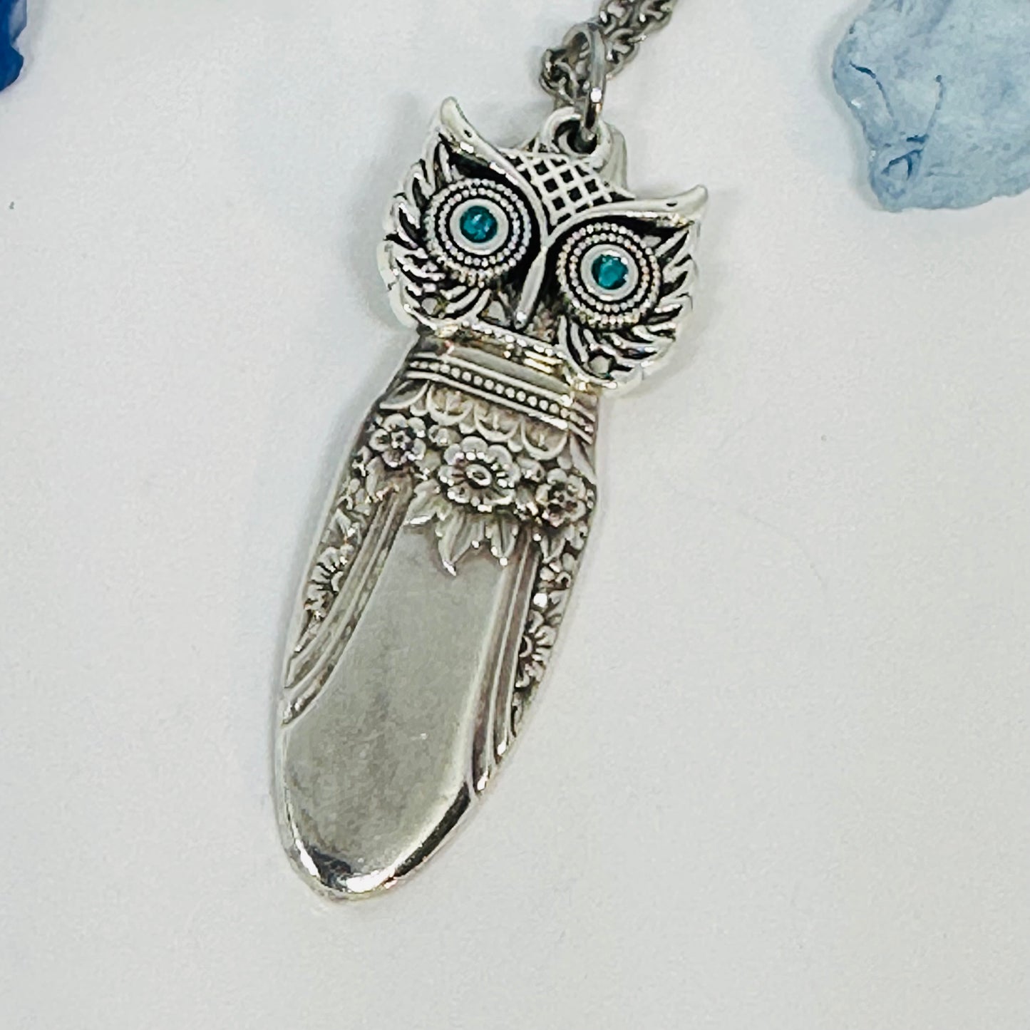 Owl with Birthstone Eyes “First Love” 1937 Vintage Silverware Necklace | Up-Cycled Jewelry | Birthday Pendant | Antique | 1.8mm Swarovski Eyes