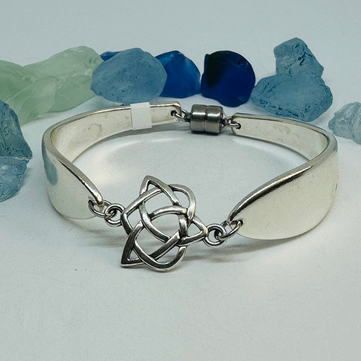 Lady Hamilton 1932 vintage spoon bracelet with a Trinity Knot Celtic connector charm and magnetic closure.