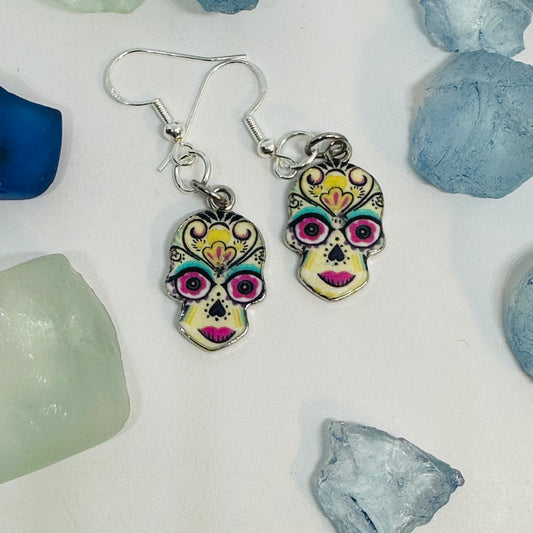 Vibrant Sugar Skull Dangle Earrings | Handcrafted Day of the Dead Inspired Jewelry
