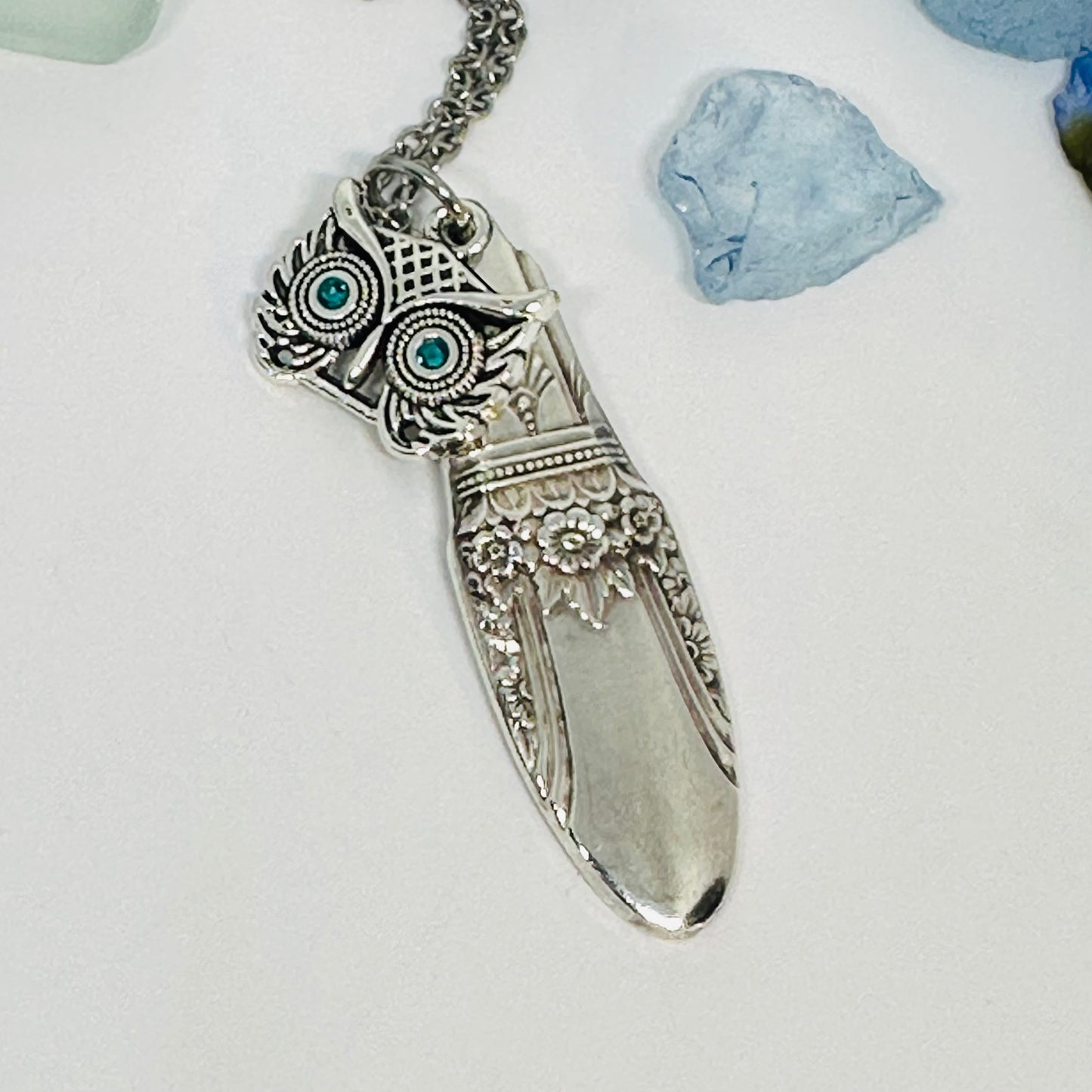 Owl with Birthstone Eyes “First Love” 1937 Vintage Silverware Necklace | Up-Cycled Jewelry | Birthday Pendant | Antique | 1.8mm Swarovski Eyes