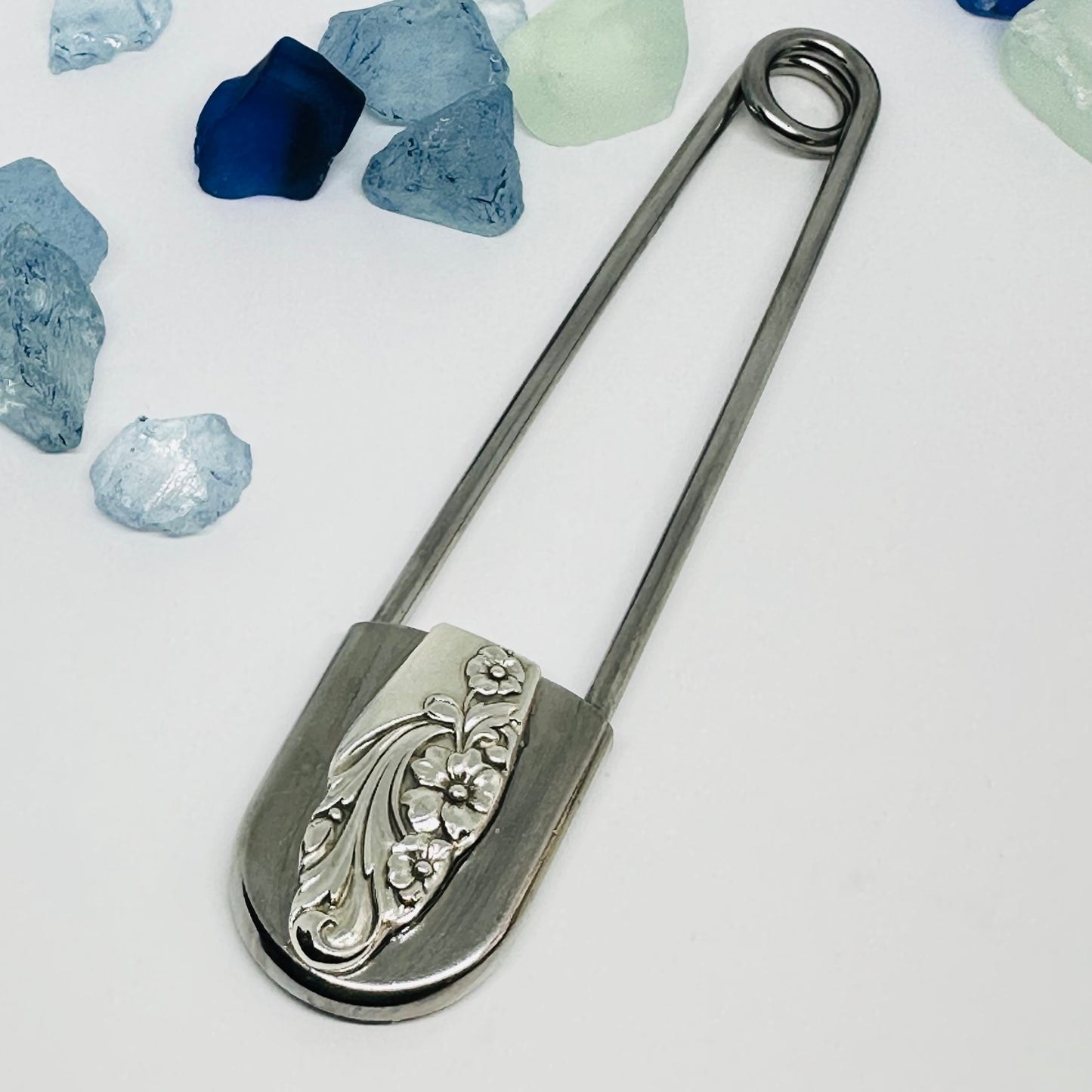 Giant Vintage Silverware Adorned Safety Pin | Key Ring | Kilt Brooch | Horse Blanket | Silver Embellishments | New Driver | Purse Belt