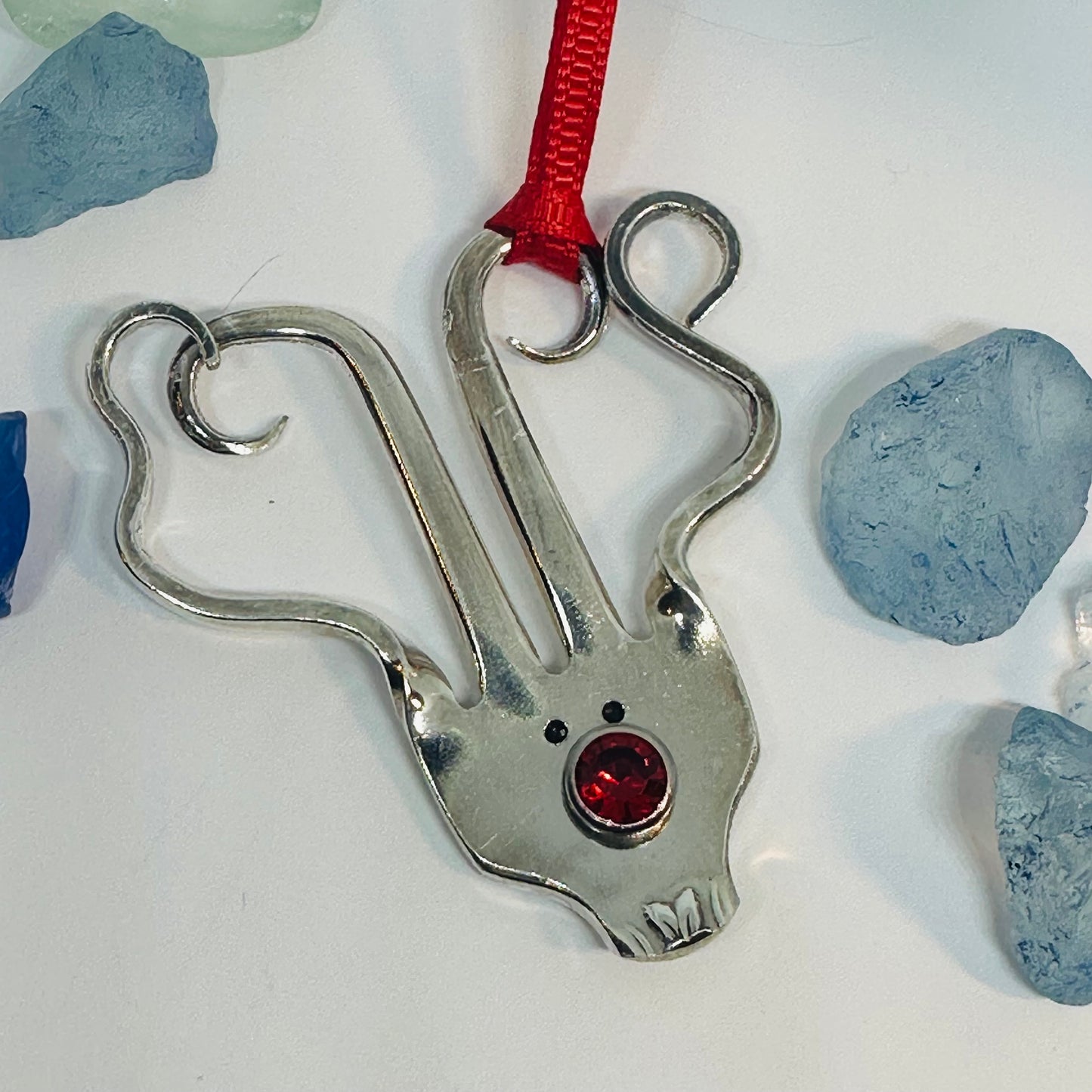 Rudolph Vintage Silverware Reindeer Ornament with Red Crystal Nose