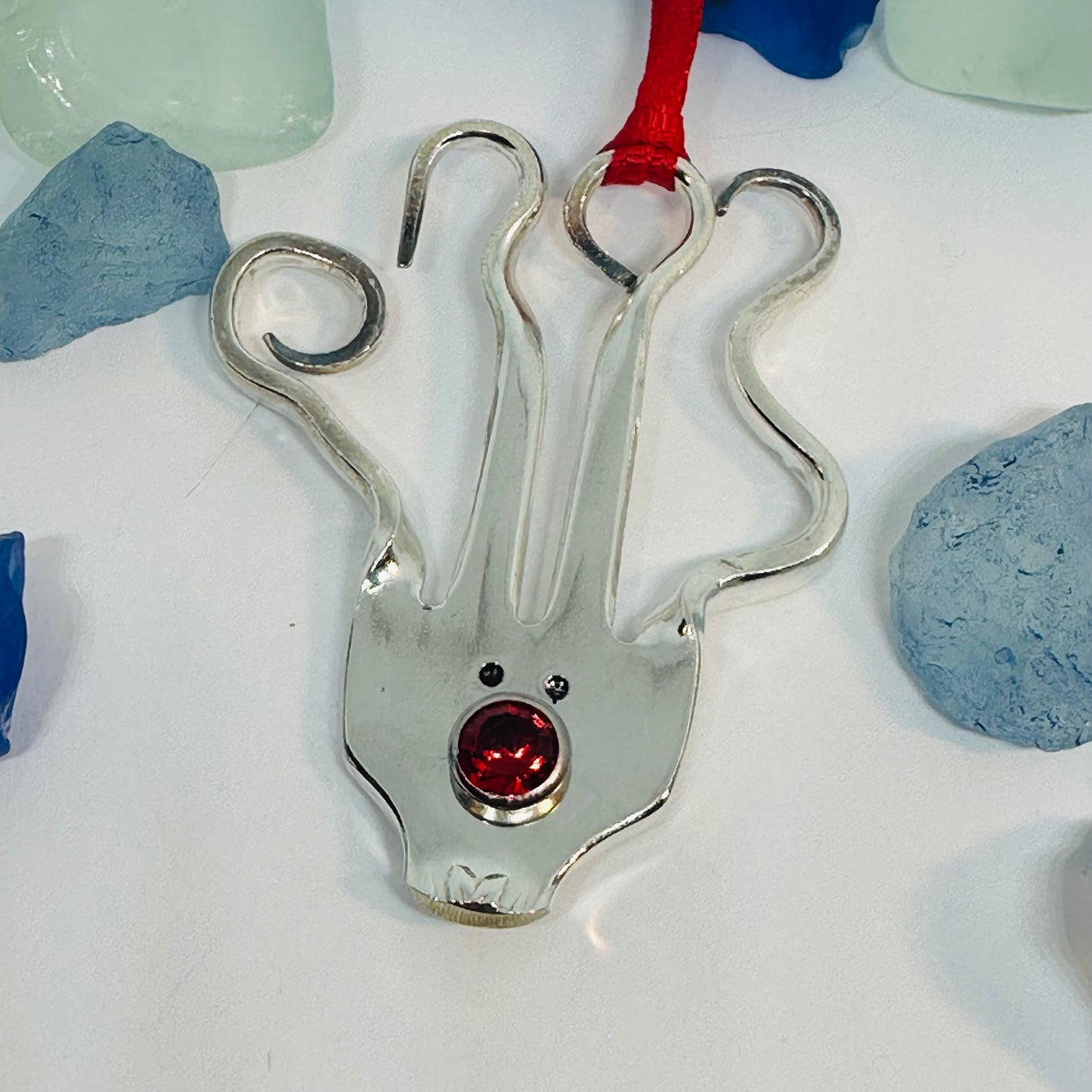 Rudolph Vintage Silverware Reindeer Ornament with Red Crystal Nose