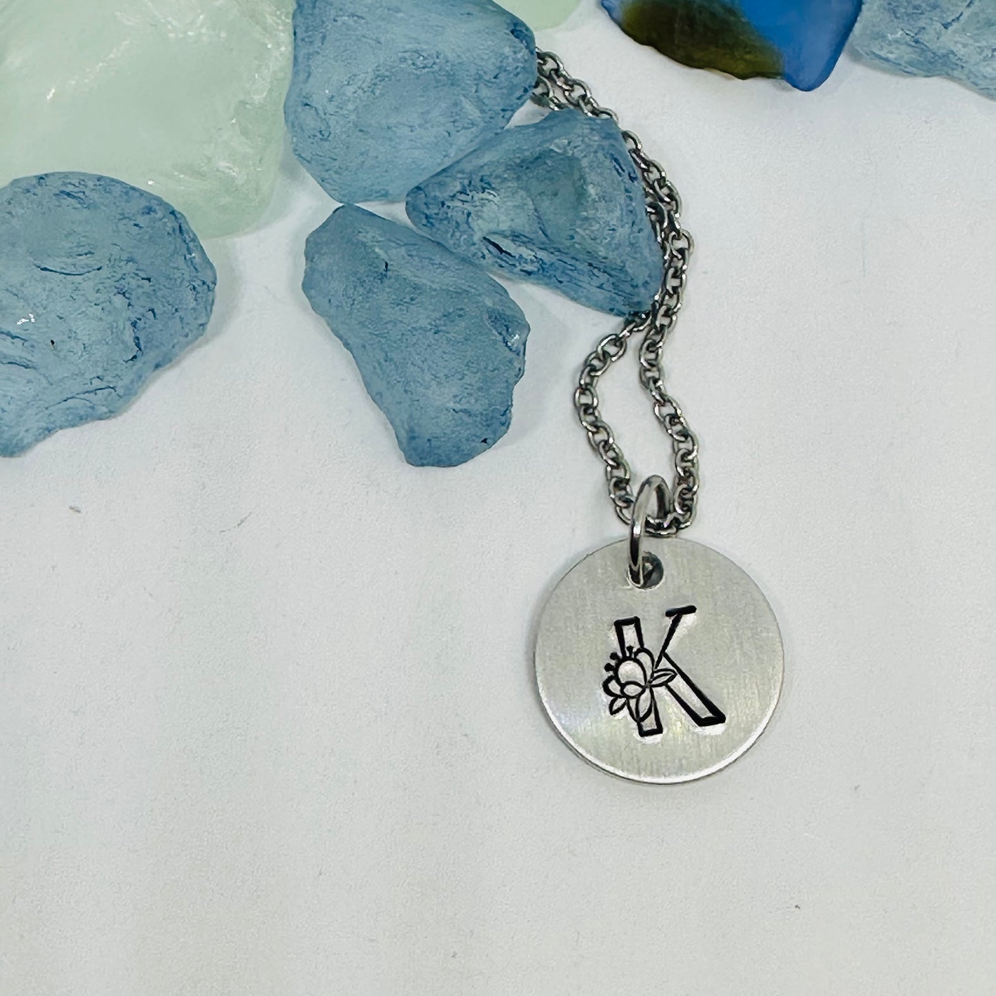Floral Initial(s) Disc Necklace - Hand Stamped - Personalized & Elegant