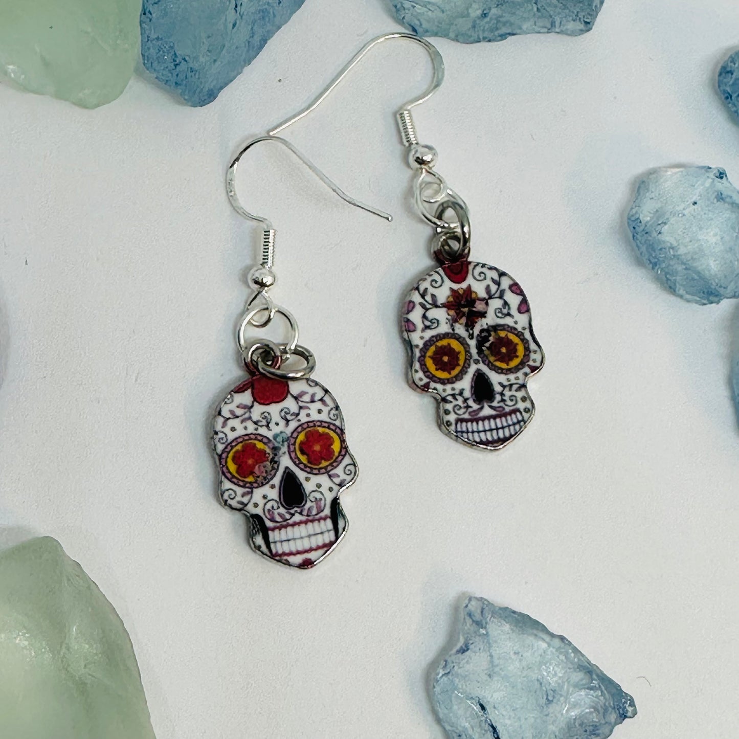 Vibrant Sugar Skull Dangle Earrings | Handcrafted Day of the Dead Inspired Jewelry