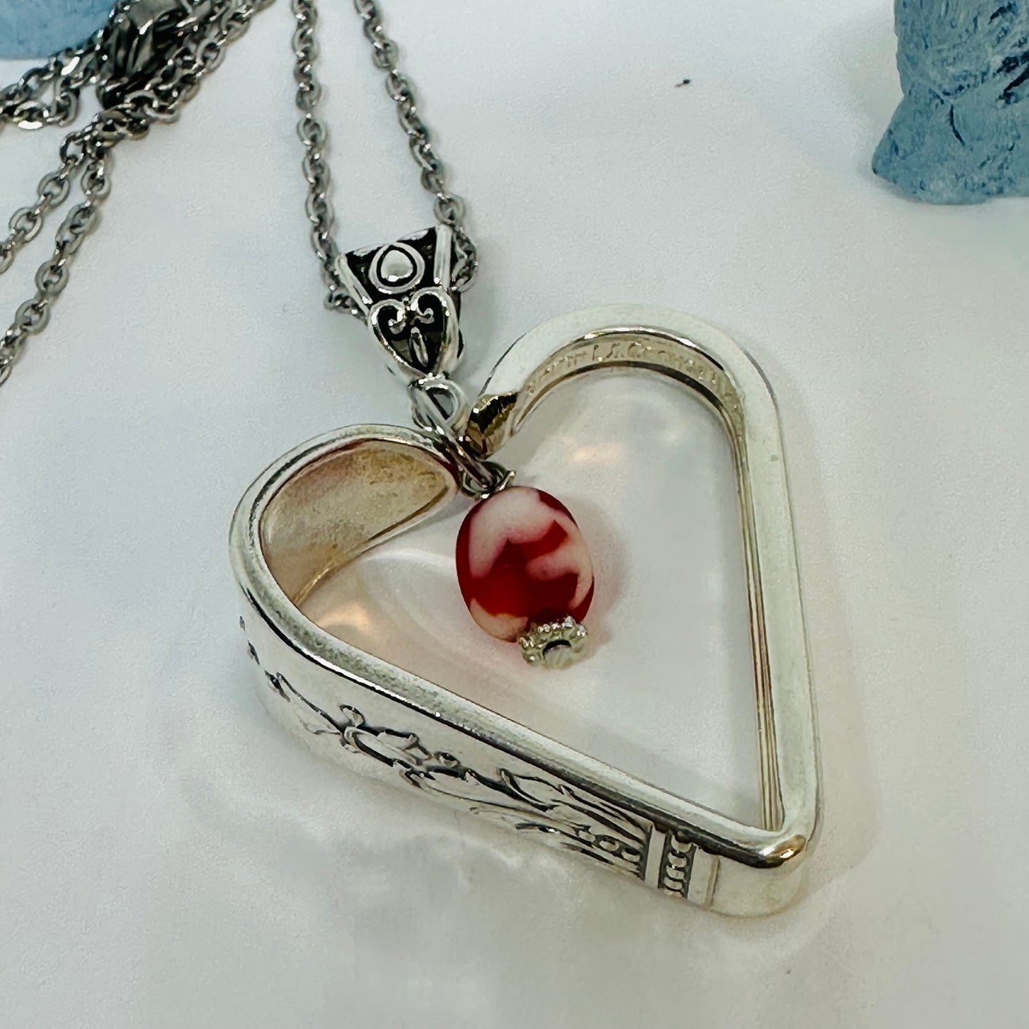 Hearts made from Vintage Silverware with African Bead | Bent Spoon Fork | Heart-Shaped Pendant Necklace Keychain Key Ring | Silverware Jewelry | Love | Valentine's Day Gift