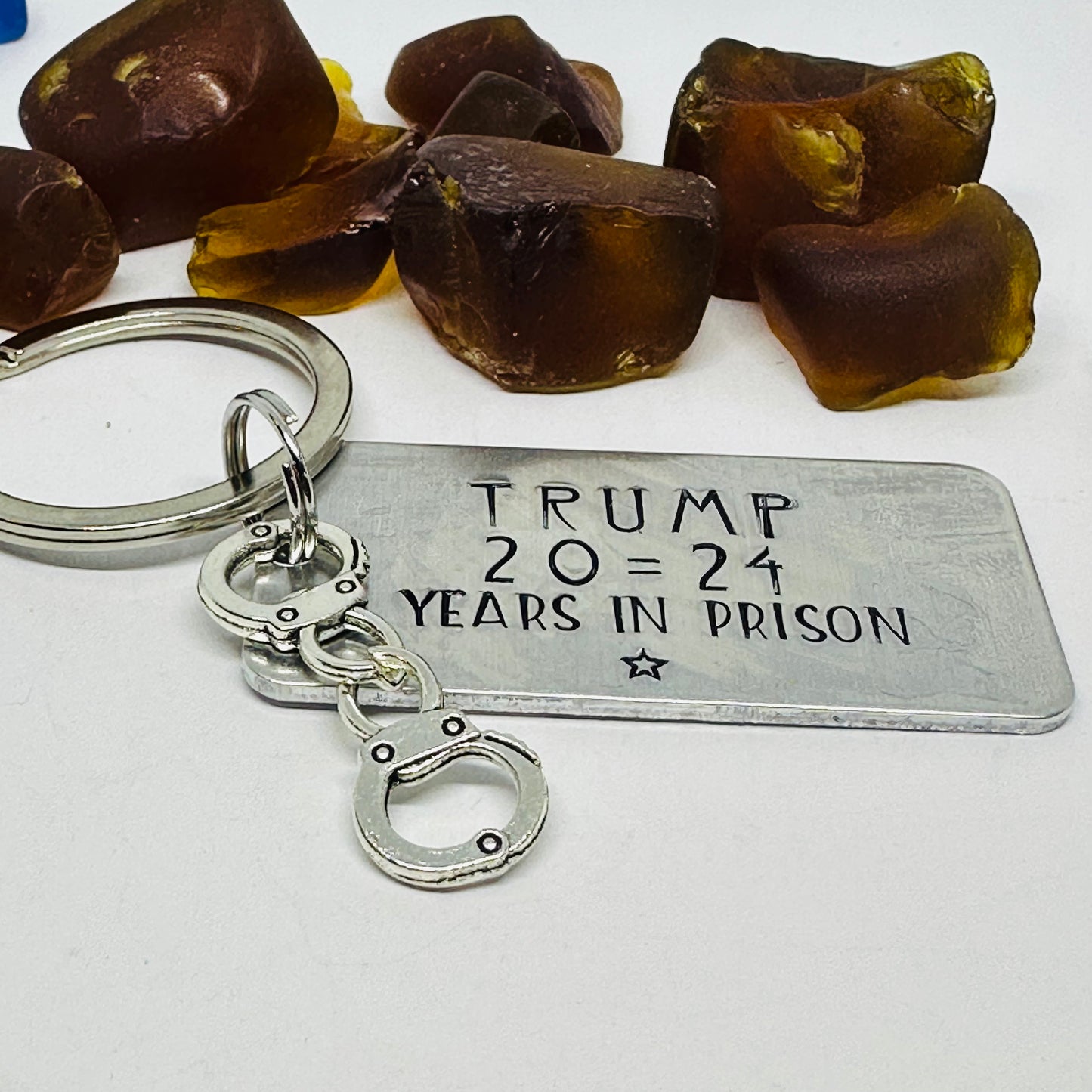 TRUMP 20-24 Years in Prison Keyring | Hand Stamped Metal | Humorous Gift | Democrat Independent Keychain Gift | Impeached | Arrested | Loser | Jail | Handcuffs