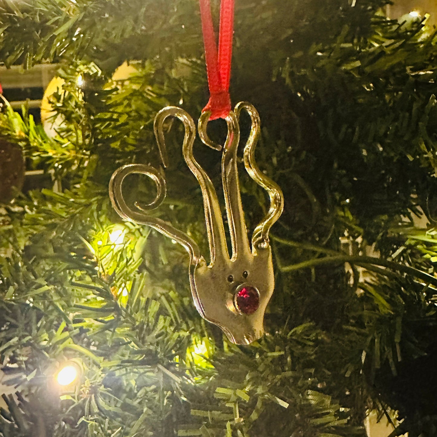 Rudolph Vintage Silverware Reindeer Ornament with Red Crystal Nose