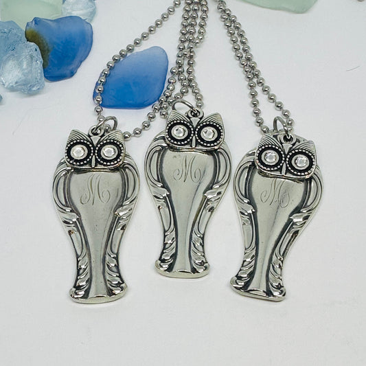 Custom Order for Mary - Owl Pendants (3) made from Mary’s Vintage Silverware “M” Engraved
