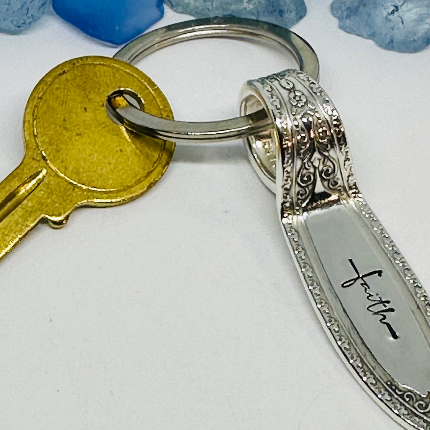 "Ramona-Lakewood-Brentwood” Vintage Silverware Hand Stamped Key Ring - “Faith” | Silverplate 1928