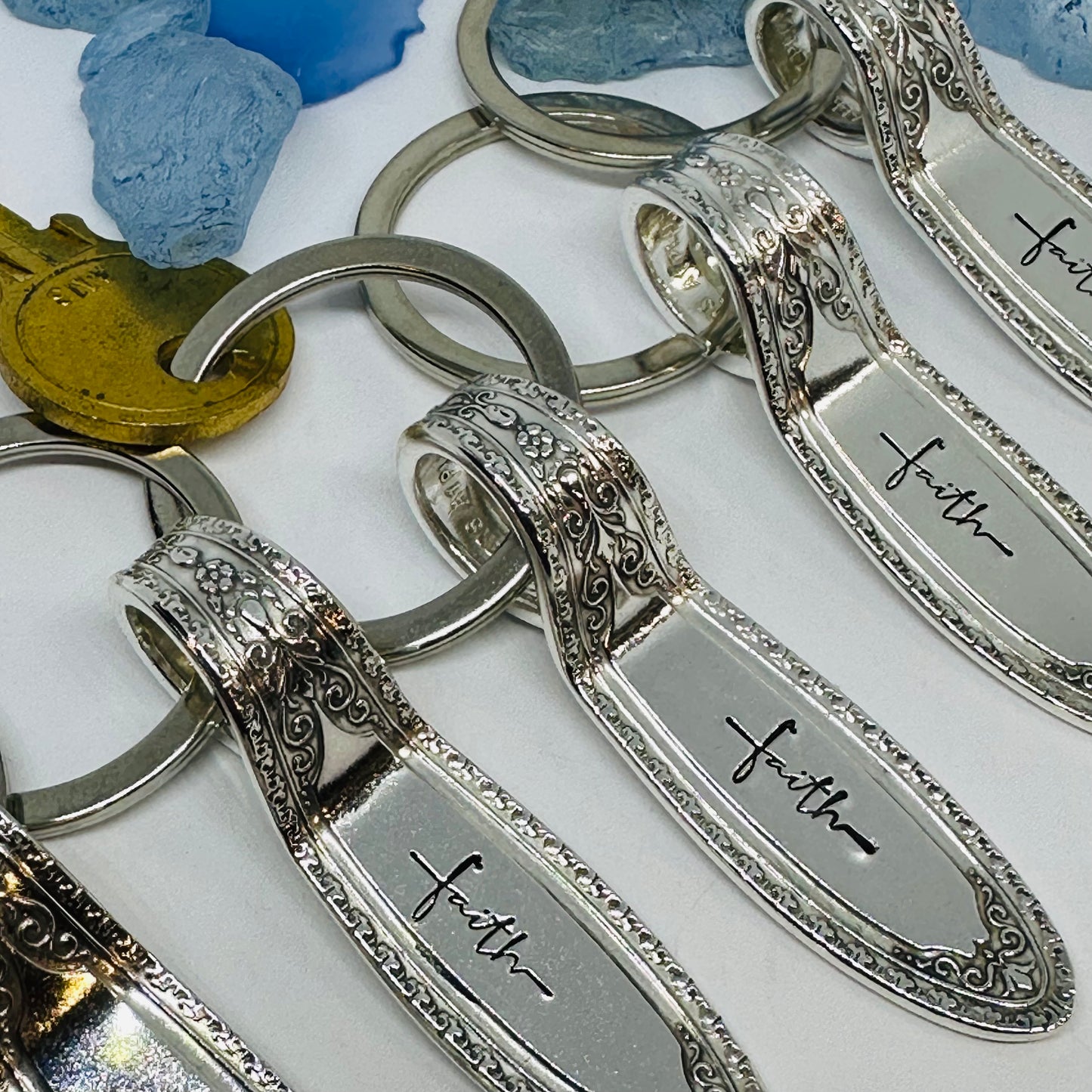 "Ramona-Lakewood-Brentwood” Vintage Silverware Hand Stamped Key Ring - “Faith” | Silverplate 1928