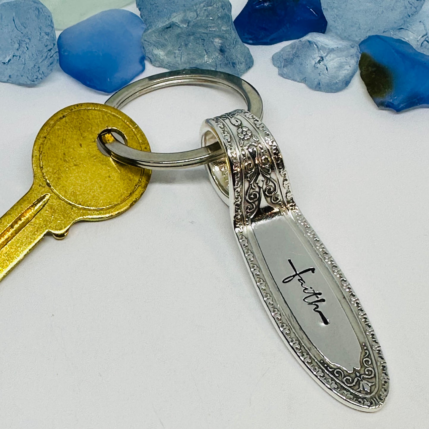 "Ramona-Lakewood-Brentwood” Vintage Silverware Hand Stamped Key Ring - “Faith” | Silverplate 1928