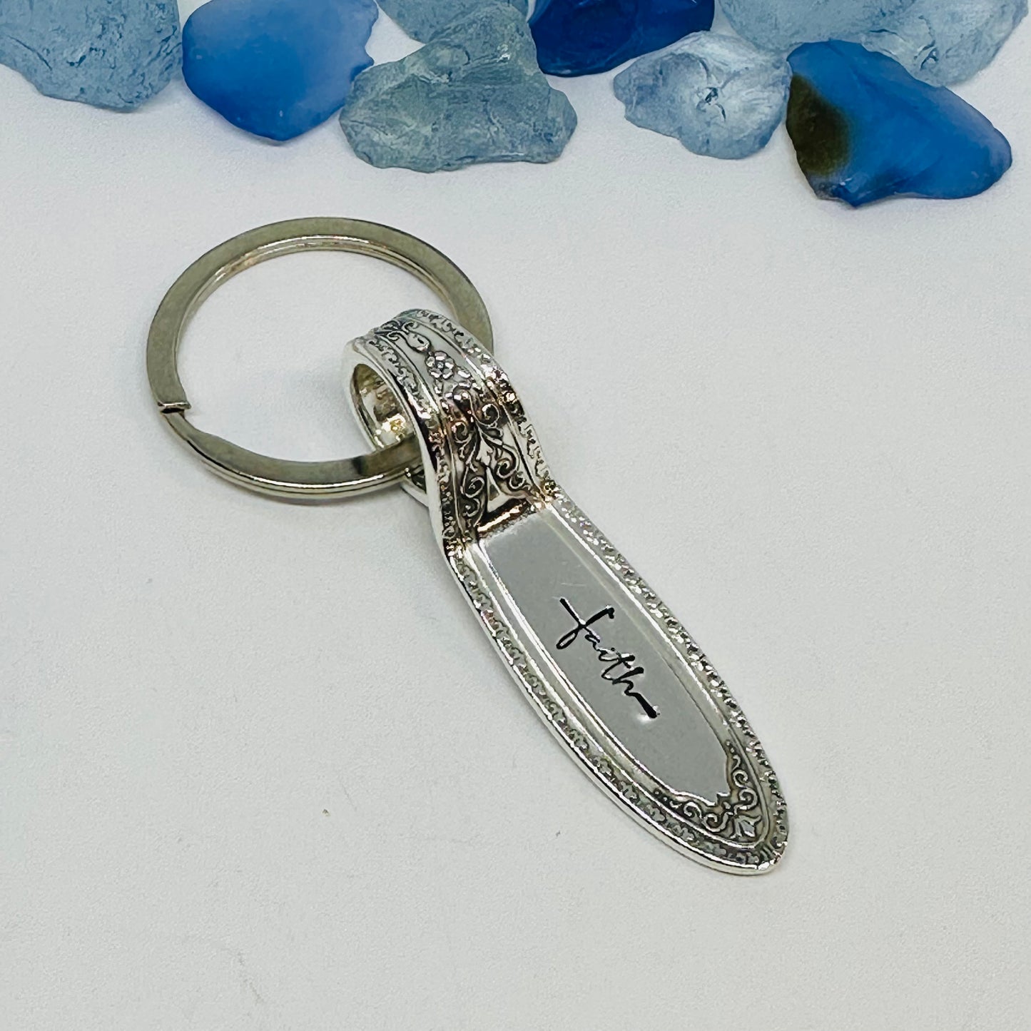 "Ramona-Lakewood-Brentwood” Vintage Silverware Hand Stamped Key Ring - “Faith” | Silverplate 1928