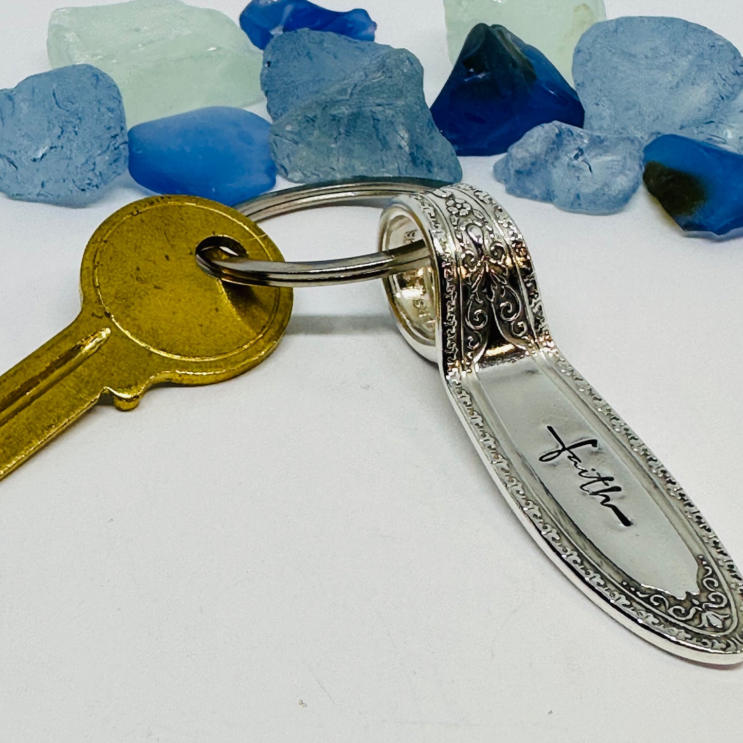 "Ramona-Lakewood-Brentwood” Vintage Silverware Hand Stamped Key Ring - “Faith” | Silverplate 1928