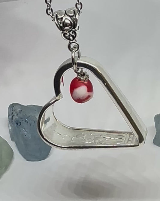 Hearts made from Vintage Silverware with African Bead | Bent Spoon Fork | Heart-Shaped Pendant Necklace Keychain Key Ring | Silverware Jewelry | Love | Valentine's Day Gift