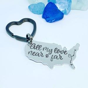 All My Love Near & Far USA Key Ring | Custom Personalized Missing You Friendship US Map | Keychain | Keychain | Long Distance BFF | Friendship Gift