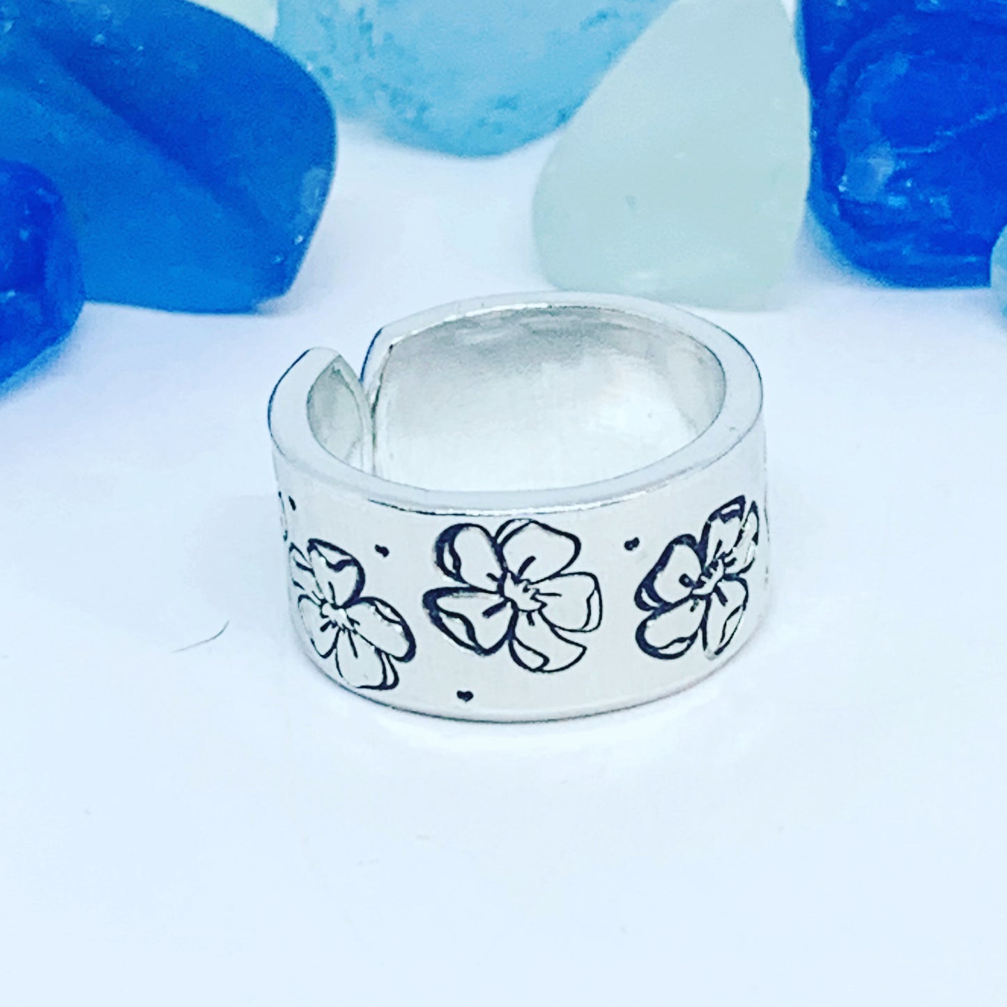 Cosmos Flowers Hand Stamped Ring | October Birth Flower Ring | Stamped Metal Cuff Ring | Adjustable Ring with Flowers | Gift for Her