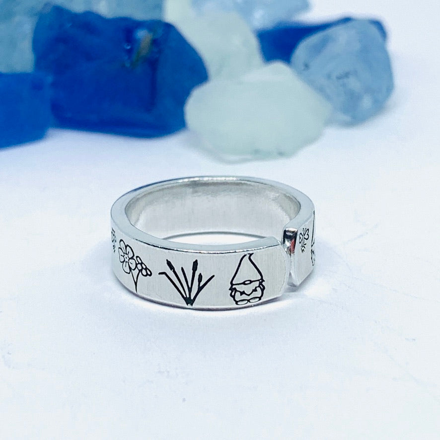 Gnome Garden Hand Stamped Ring | Gnomies Ring | Gift for Her | Gnome Ring | Garden Grass Ring | Fun unique gift | Bees Grasses Fireflies