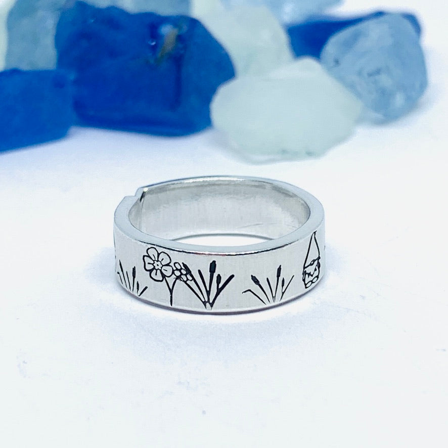 Gnome Garden Hand Stamped Ring | Gnomies Ring | Gift for Her | Gnome Ring | Garden Grass Ring | Fun unique gift | Bees Grasses Fireflies