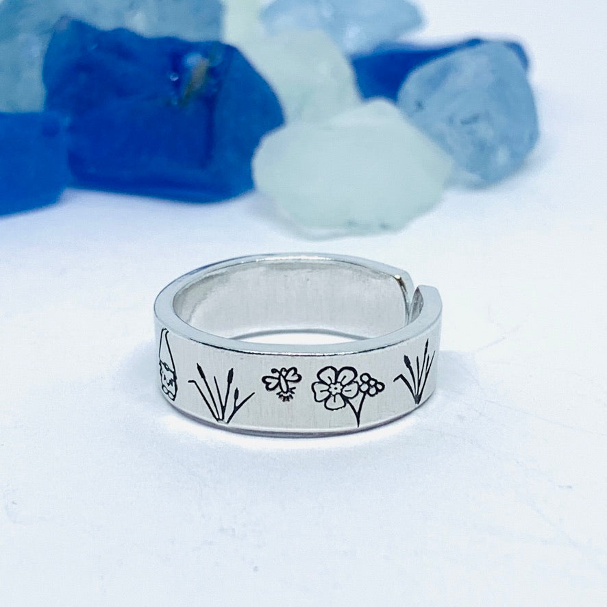 Gnome Garden Hand Stamped Ring | Gnomies Ring | Gift for Her | Gnome Ring | Garden Grass Ring | Fun unique gift | Bees Grasses Fireflies