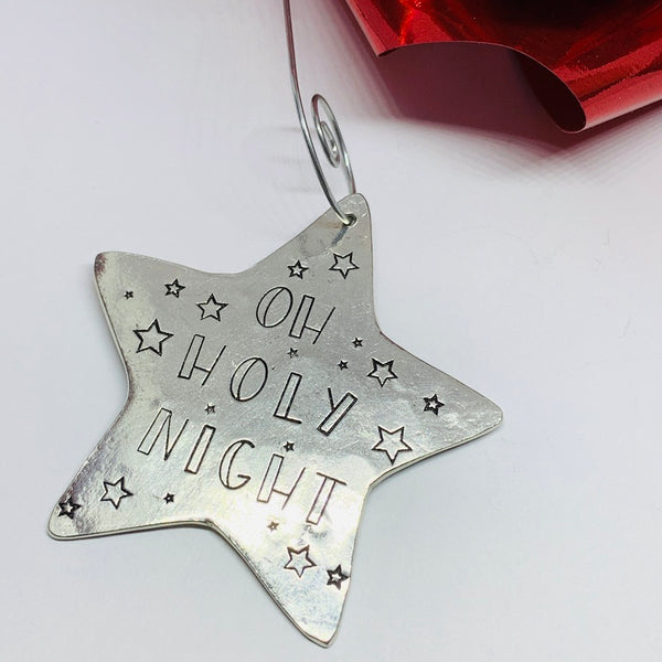 Oh Holy Night - Hand Stamped Ornament | Pewter Star Ornament | Christmas Ornament Religious | Hand Crafted Pewter Ornament | Holiday | Tree Decoration