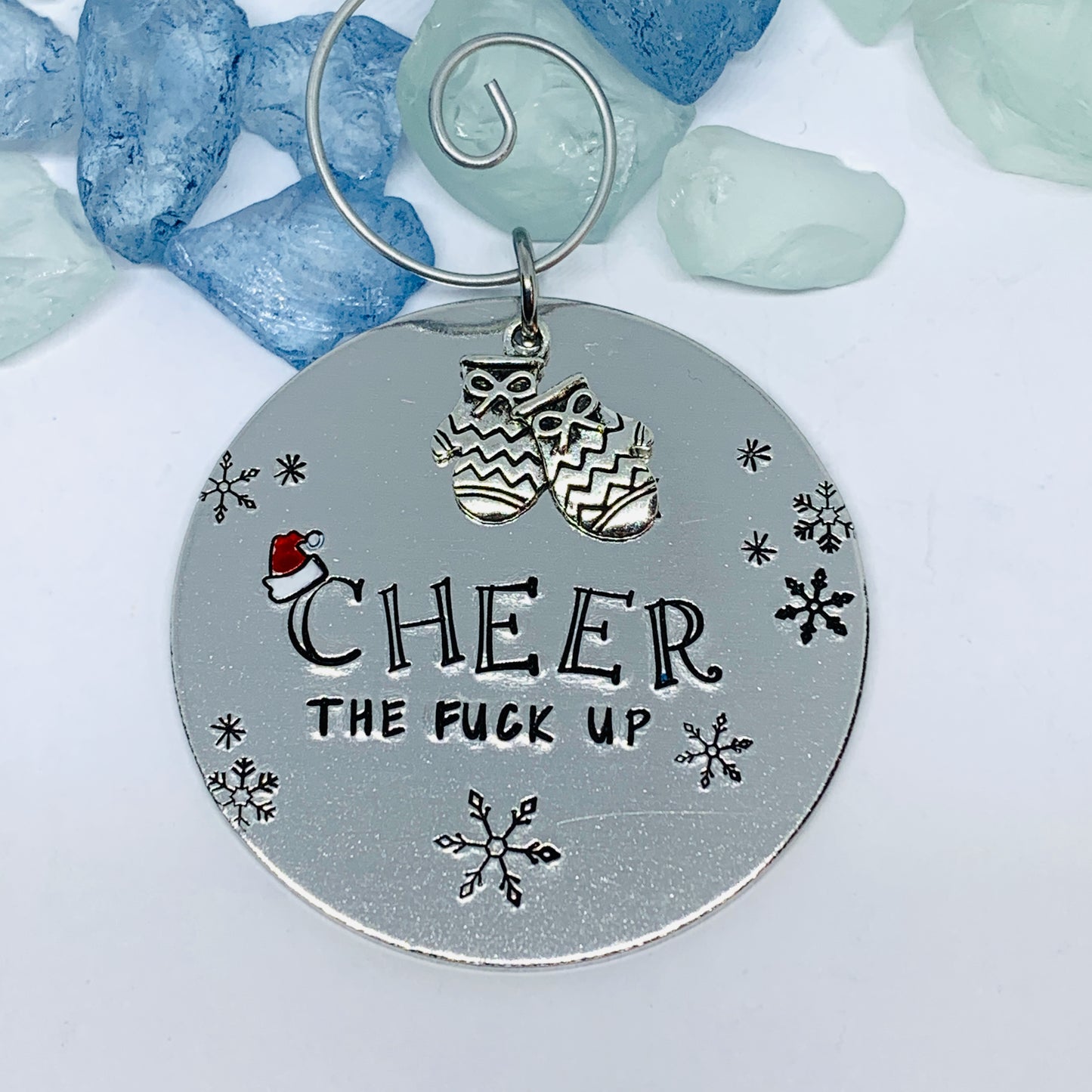 25 Cheer the Fuck Up Ornament | Snowflake Adult Christmas Tree | Mittens Charm | Hand Painted Hand Stamped Housewarming Gift | Santa Hat Design