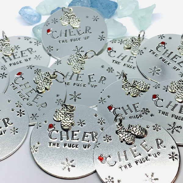 Cheer the Fuck Up Ornament | Snowflake Adult Christmas Tree | Mittens Charm | Hand Painted Hand Stamped Housewarming Gift | Santa Hat Design