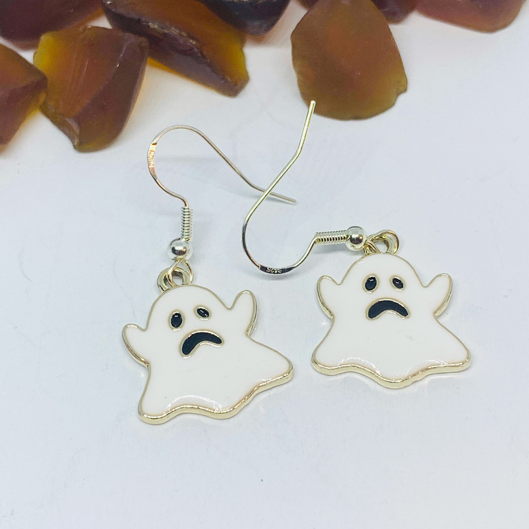 White Ghost Enamel Earrings with Silver Wires and Backs | Spirit Earrings | Fall Jewelry | Ghost Earrings | Halloween Earrings
