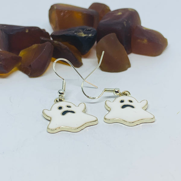 White Ghost Enamel Earrings with Silver Wires and Backs | Spirit Earrings | Fall Jewelry | Ghost Earrings | Halloween Earrings