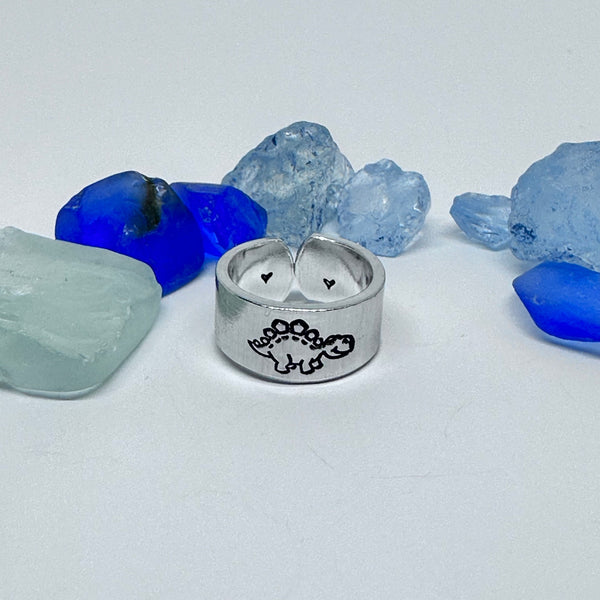 Dinosaurs Hand Stamped Metal Stacking Ring | Dino Adjustable Ring | Cute Fun Stegosaurus Ceratops