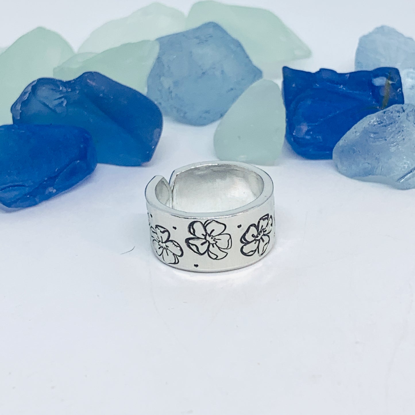 Cosmos Flowers Hand Stamped Ring | October Birth Flower Ring | Stamped Metal Cuff Ring | Adjustable Ring with Flowers | Gift for Her