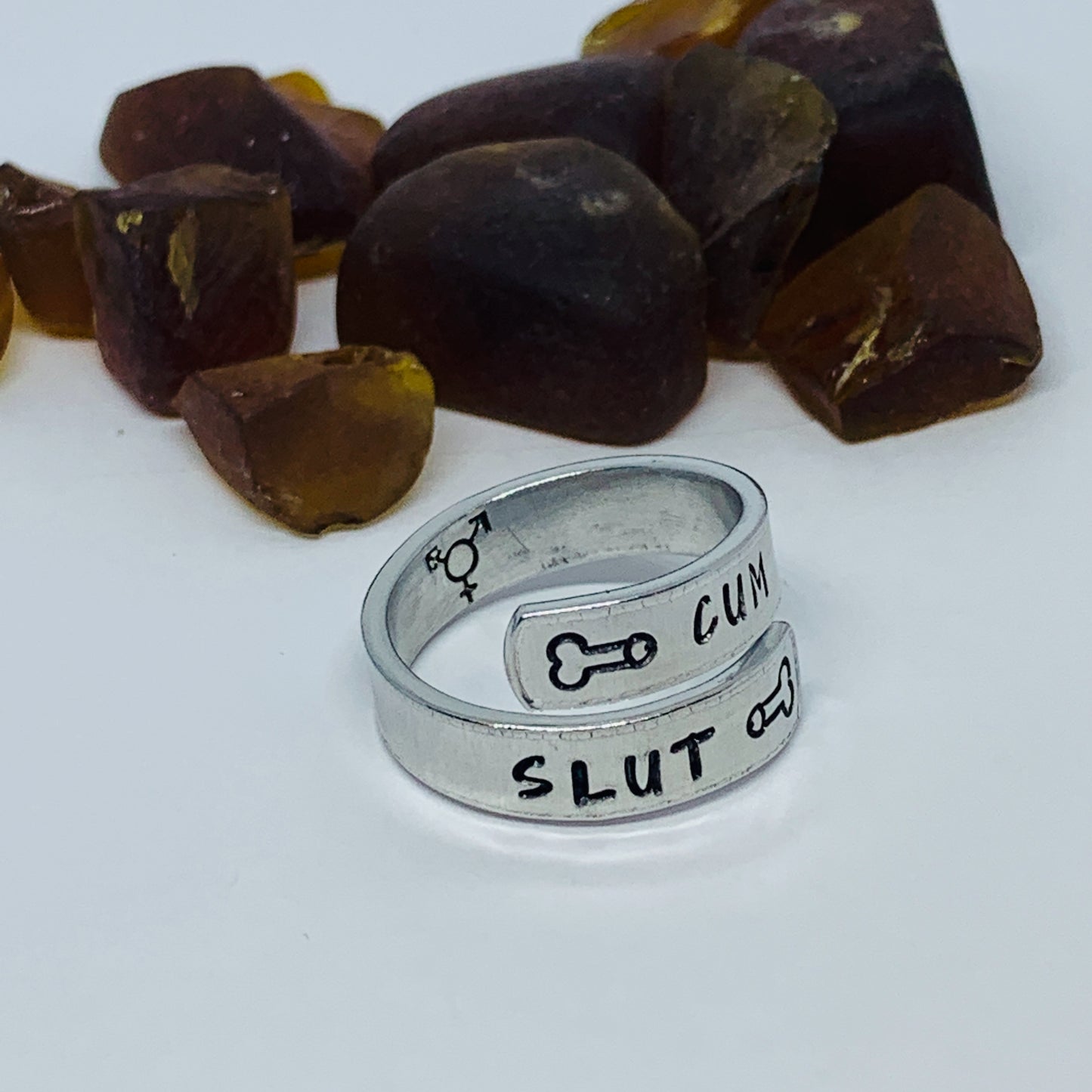 Adult-Themed Hand Stamped Metal Wrap Ring | Cum Slut | Penis Design Ring | Adjustable Sexy Adult Ring | Transgender Ring | They Them