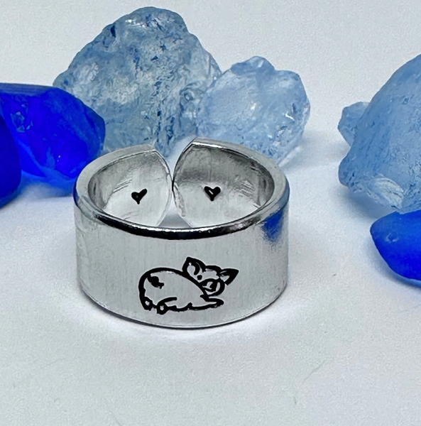 Piggy - Hand Stamped Metal Stacking Ring | Pig Adjustable Ring | Cute Fun Oinker | Baby Pig Piglet