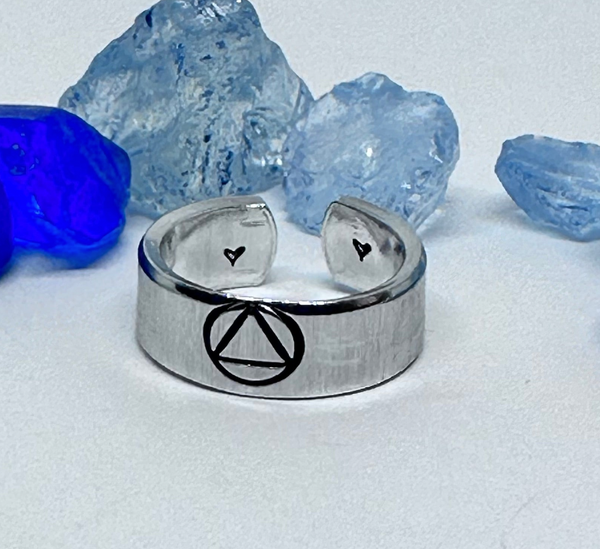 Sobriety Symbol Hand Stamped Metal Stacking Ring | Alcoholics Anonymous Abstinent Abstemious Adjustable | Circle Triangle