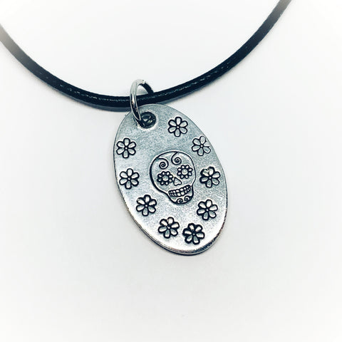 Sugar Skull Daisy Flowers - Hand Stamped BoHo Necklace