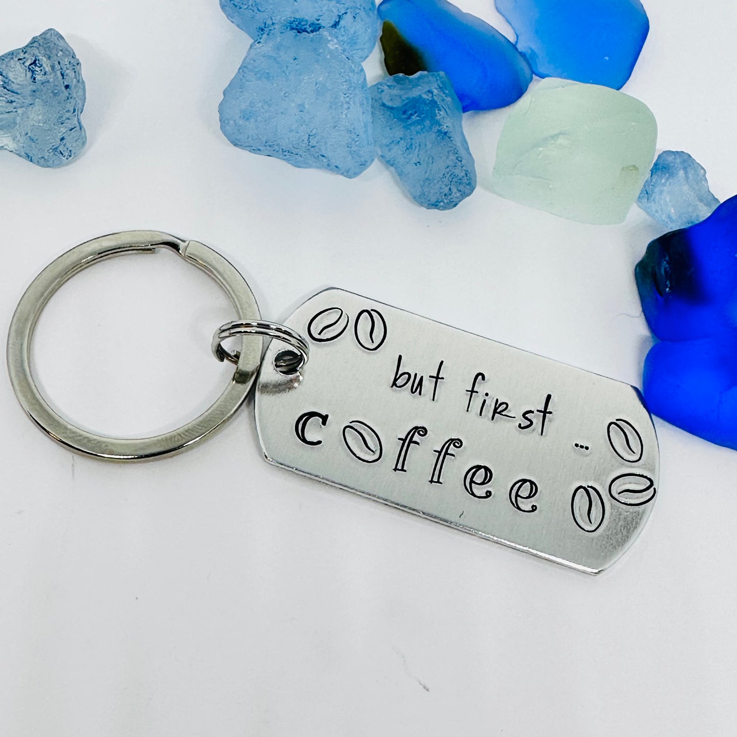 But First Coffee Keyring | Hand Stamped Metal Keyring | Gift for Caffeine Lovers | Java Keychain Gift | Coffee Beans