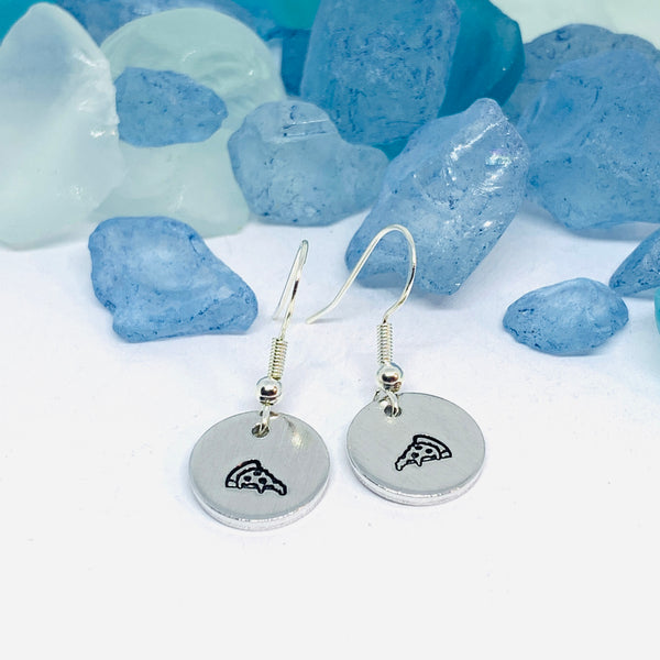 Hand Stamped Pizza and/or Beer Silver Wire Earrings with Backs | Hand Stamped Metal Pizza & Beer Design Earrings | Gifts for Her | Fun Earrings