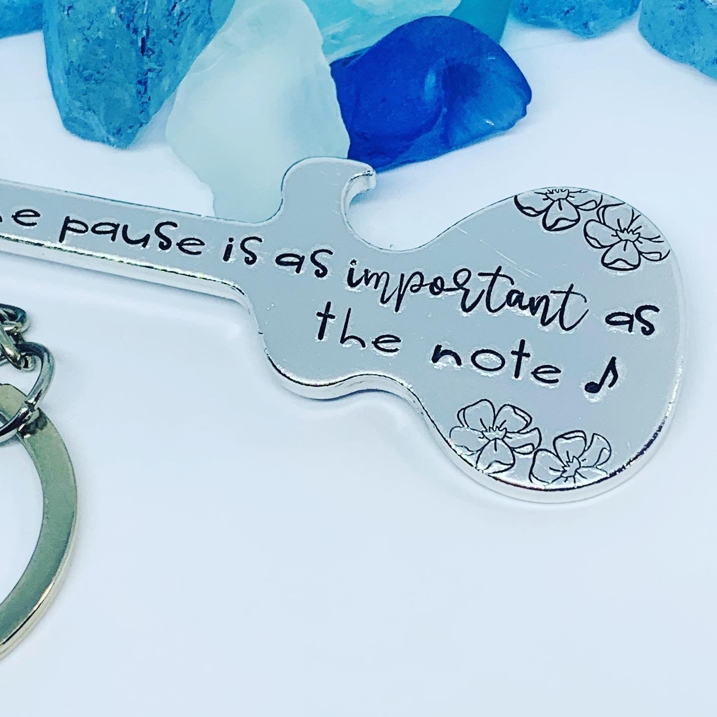 Guitar Shaped Hand Stamped Key Ring | Music Quote | The Pause is as Important as the Note | Truman Fisher | Musician Gift | Fit into Lyrics