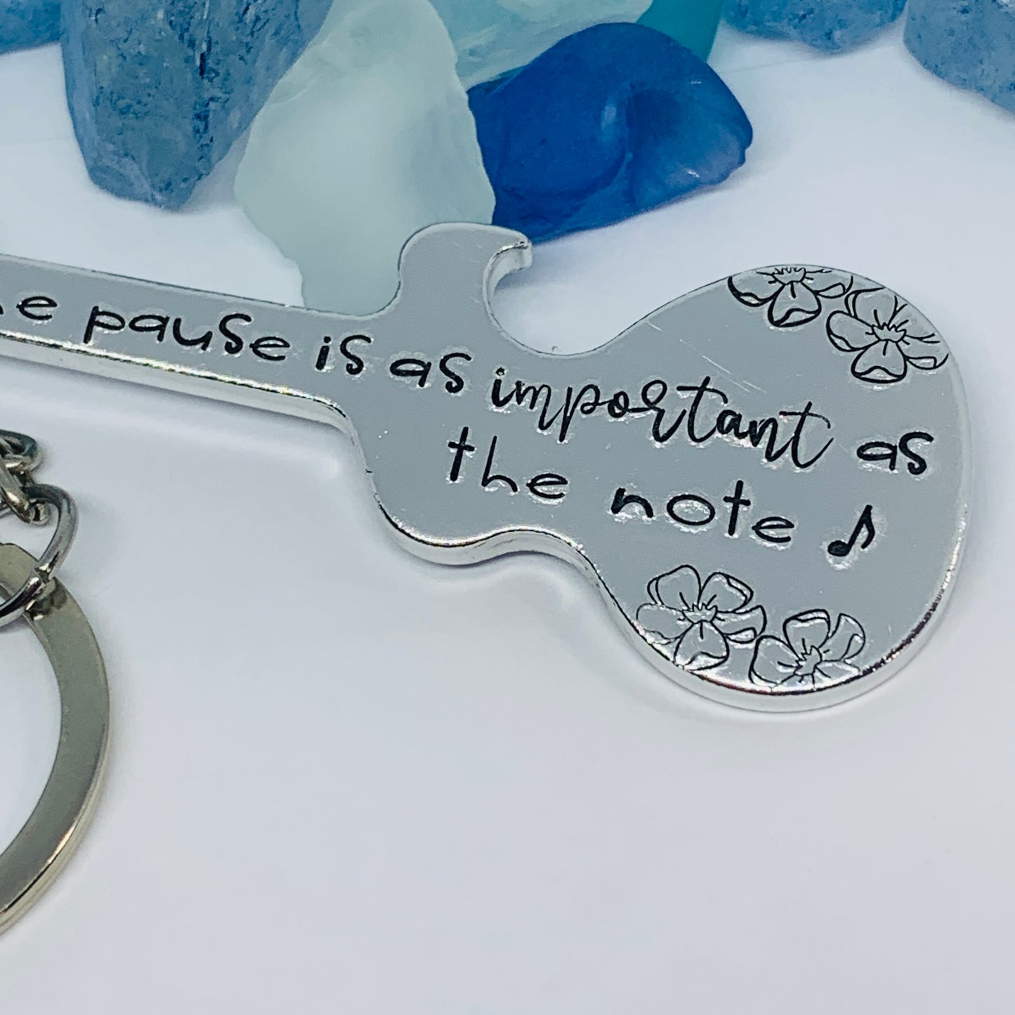 Guitar Shaped Hand Stamped Key Ring | Music Quote | The Pause is as Important as the Note | Truman Fisher | Musician Gift | Fit into Lyrics