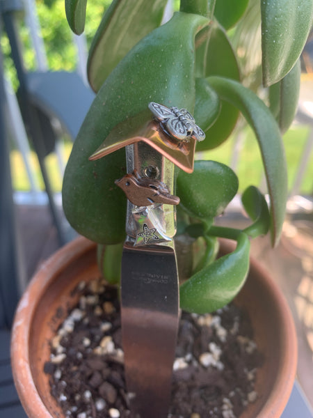 Vintage Silverware Bird House Plant Stake | Decorative Cheese Spreader | Bird Watcher Letter Opener | Copper Silverware Charms