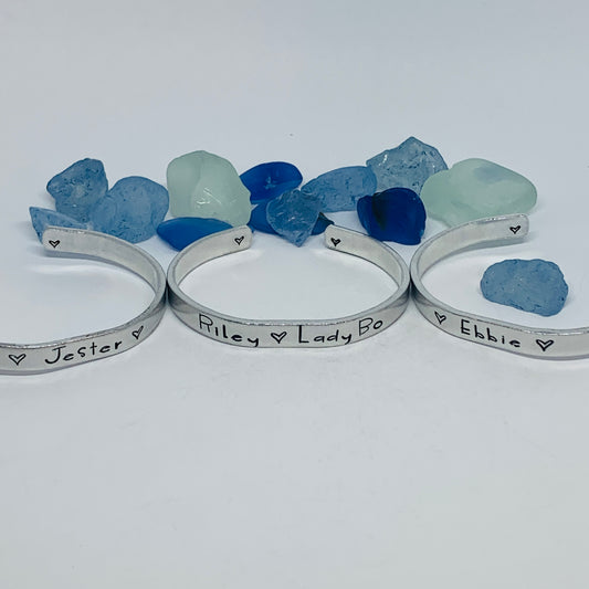 Custom Order for Paula B - Hand Stamped Metal Cuff Bracelet | Pet Loss Cuff Bracelets | Jester | Riley & Lady Bo