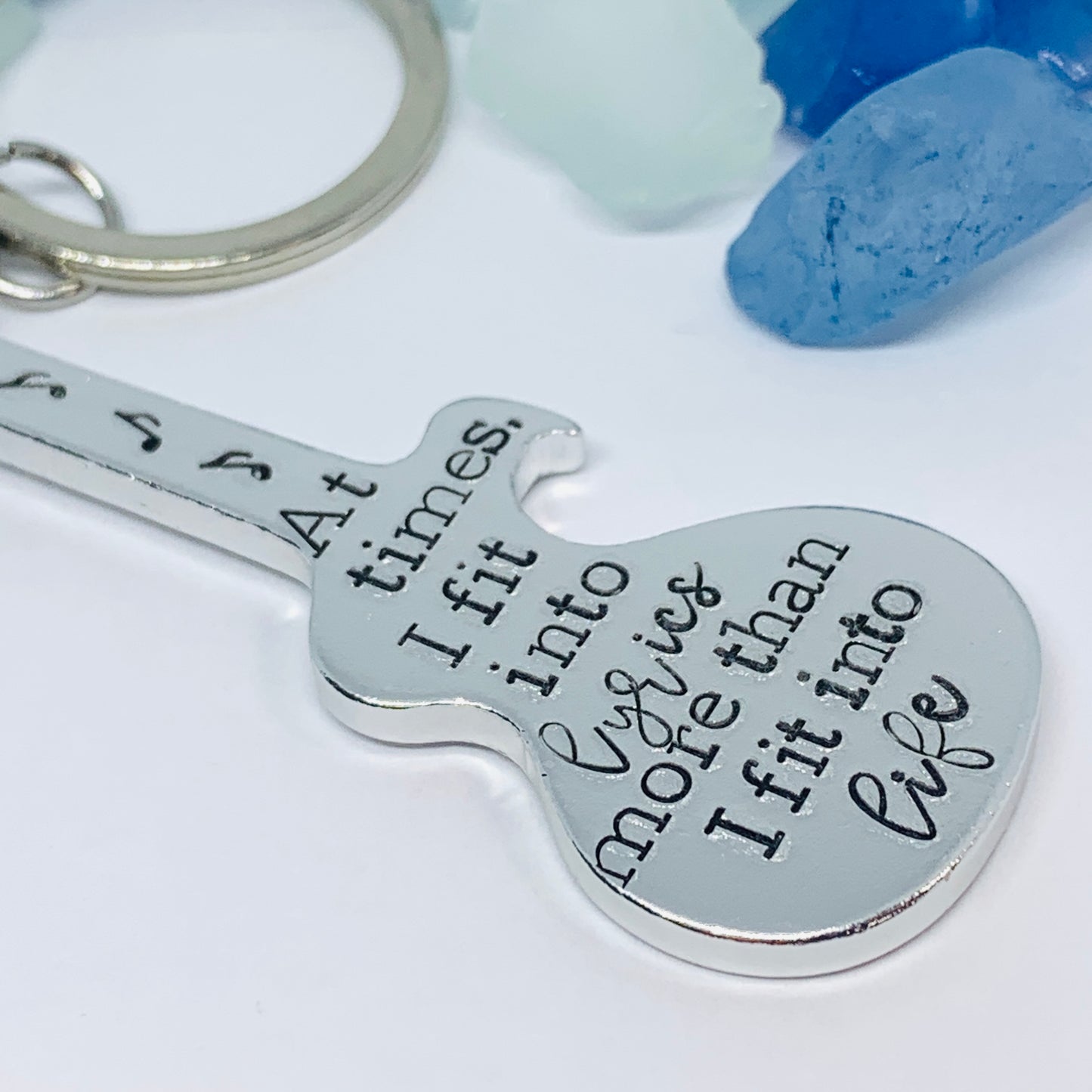 Guitar Shaped Hand Stamped Key Ring | Music Quote | The Pause is as Important as the Note | Truman Fisher | Musician Gift | Fit into Lyrics