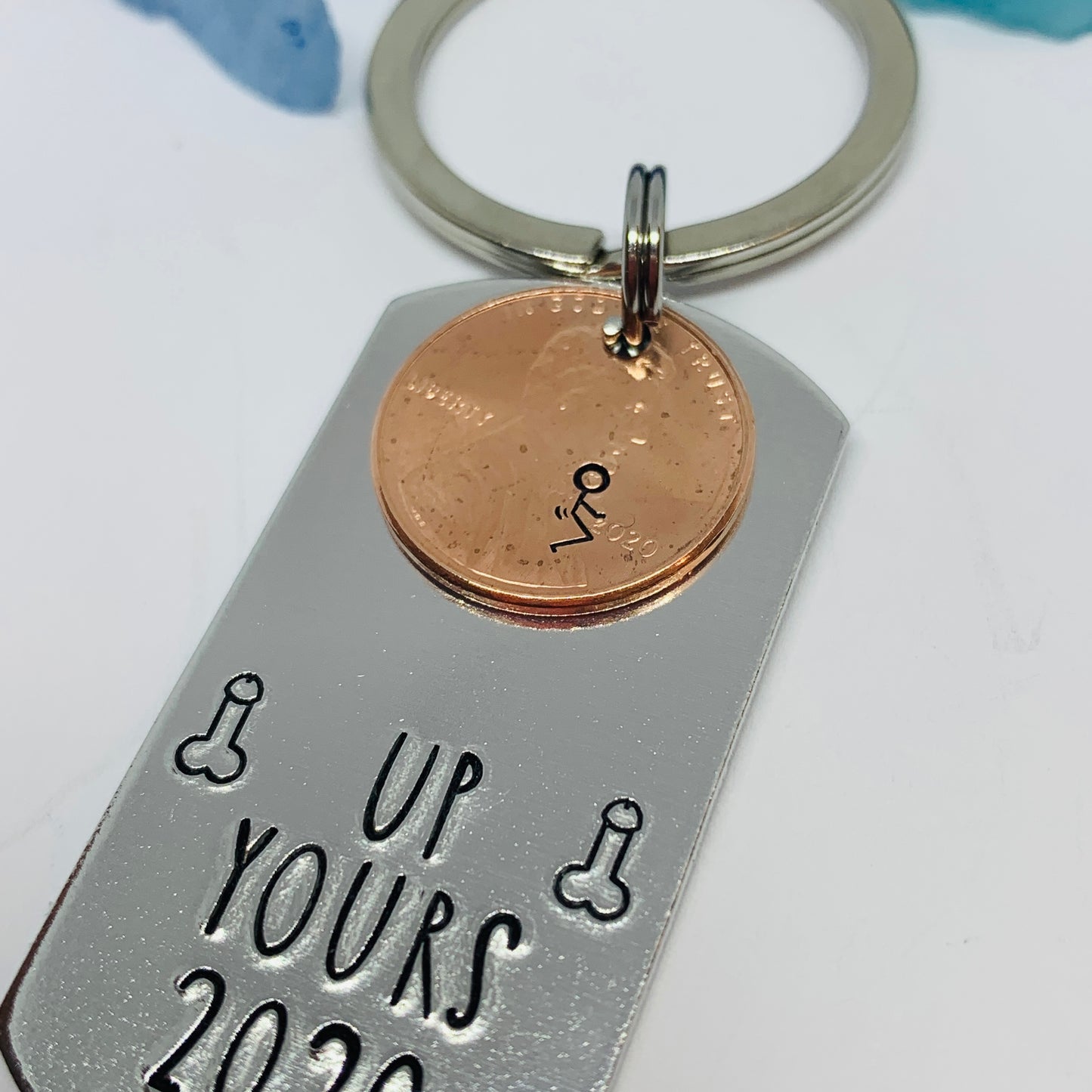 Up Yours 2020 with Penny - Hand Stamped Metal Key Ring | Dog Tag 2020 Penny | Humping 2020 Key Chain | Adult Mature | Dicks